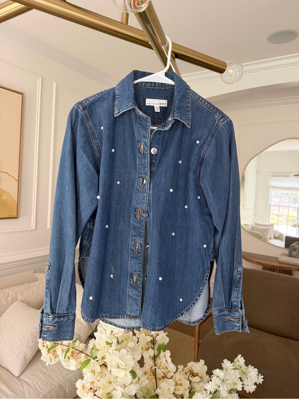LOFT Dark Denim Oversized Button Down with Pearls - one pearl loose
